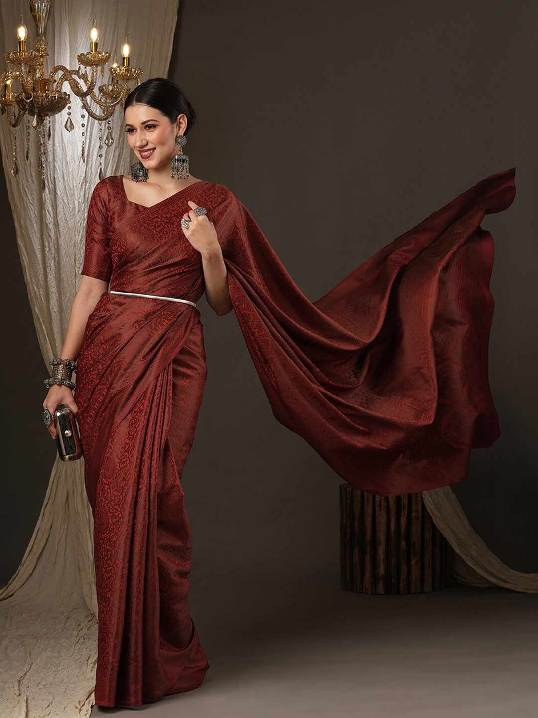 Saree Mall Maroon Woven Design Zari Silk Blend Banarasi Sarees