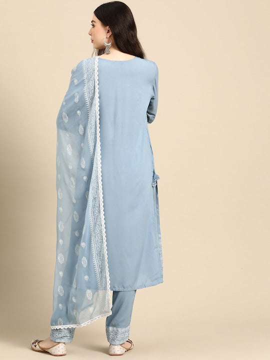 Anouk Floral Foil Printed Regular Kurta With Trousers & Dupatta