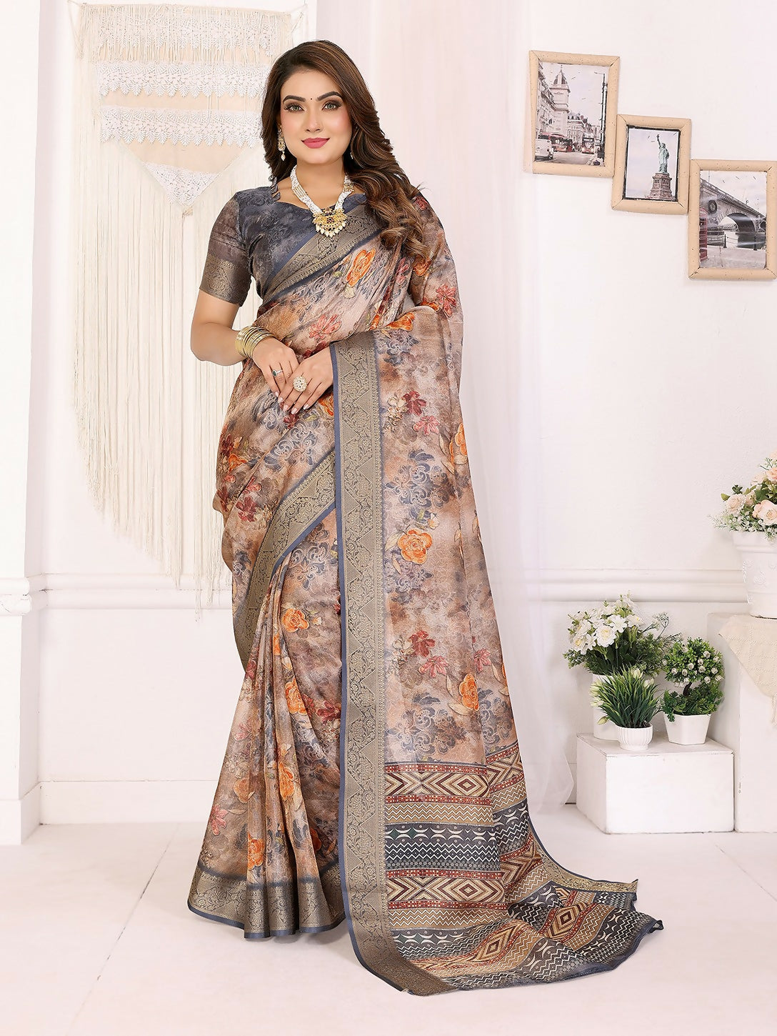 Joban Fashion Grey Floral Print pattern Banarasi Silk Sarees
