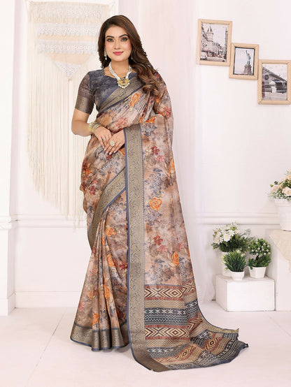 Joban Fashion Grey Floral Print pattern Banarasi Silk Sarees