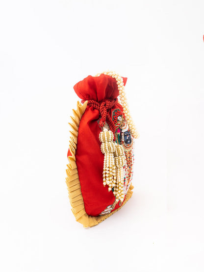 NR By Nidhi Rathi Red & White SHRINATHJI Embroidered Potli Clutch