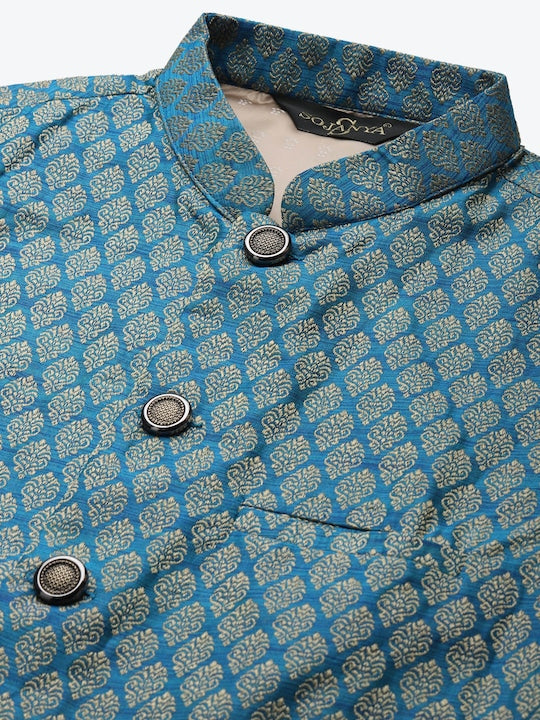 Sojanya Men Blue and Beige Jacquard  Woven Design Silk Nehru Jacket