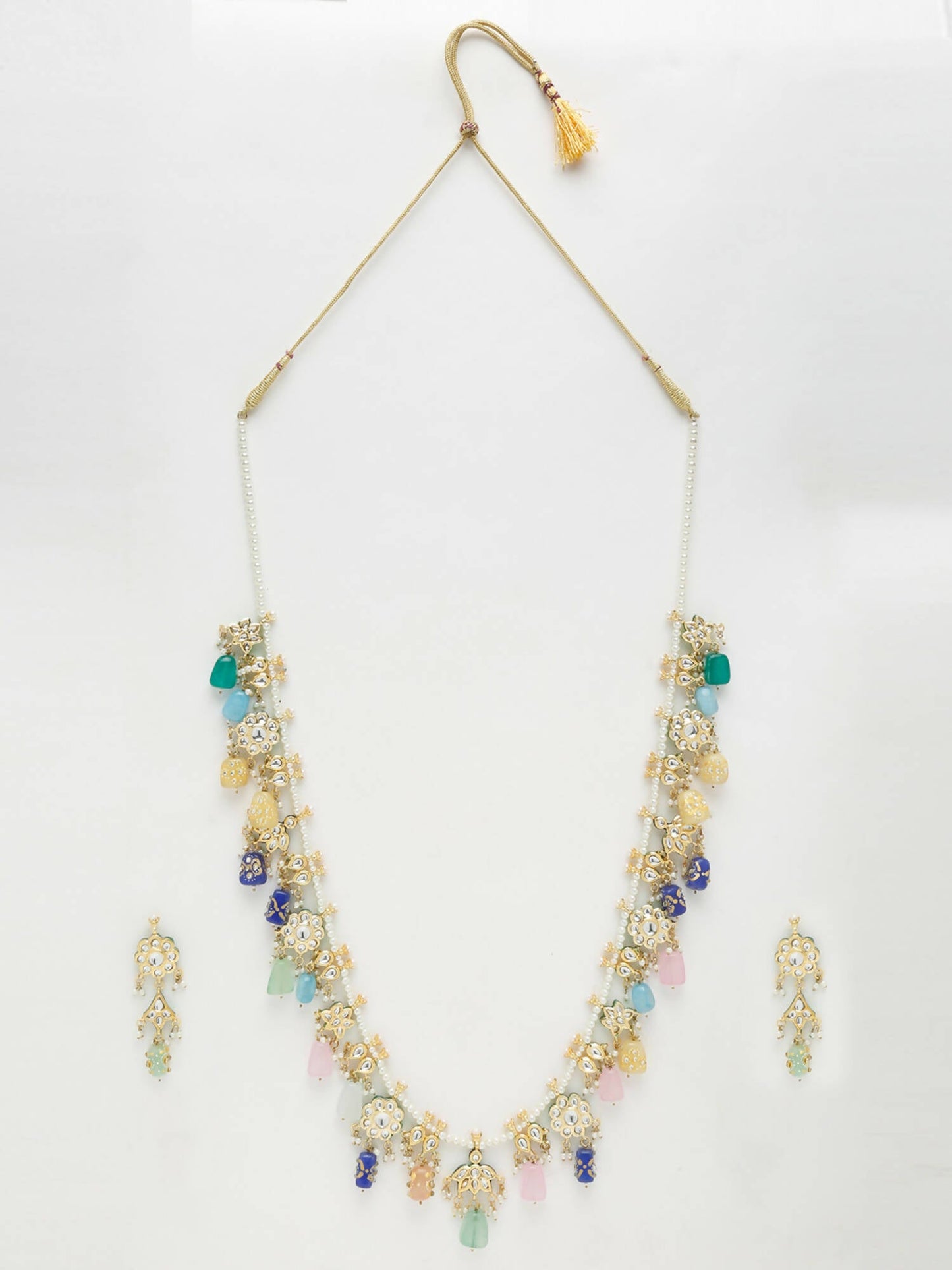 Long Kundan Neckpiece With Studs - Ruby Raang