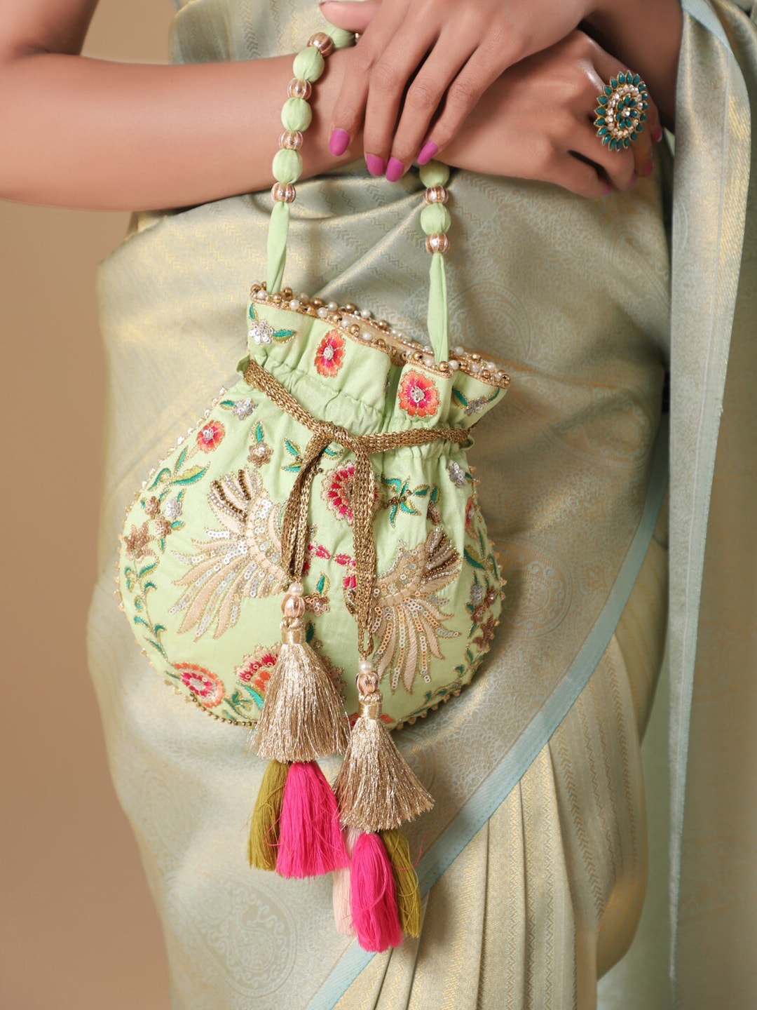 Masq Green & Red Embroidered Potli Clutch
