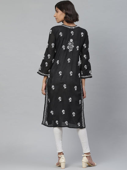 ADA Women Black & White Chikankari Embroidered Straight Sustainable Handloom Kurta