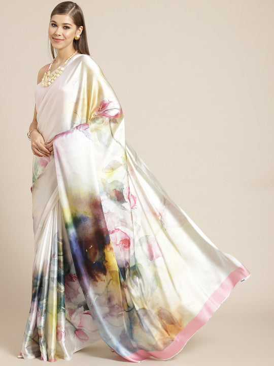 Tikhi Imli White & Pink Digital Floral Print Saree