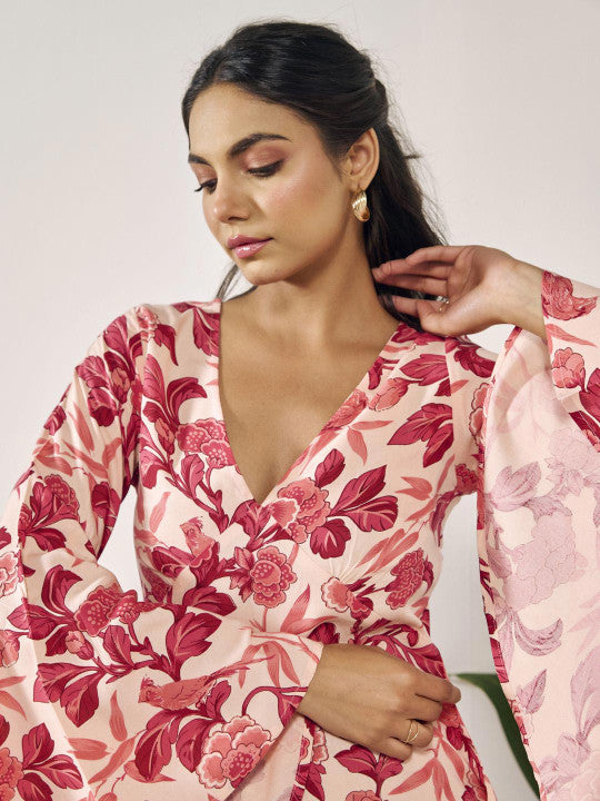 Anayna Floral Print Flared Sleeve A-Line Dress