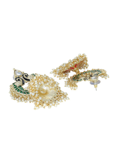 Shoshaa Gold-Polished Green Enamelled Peacock Shaped Jhumkas