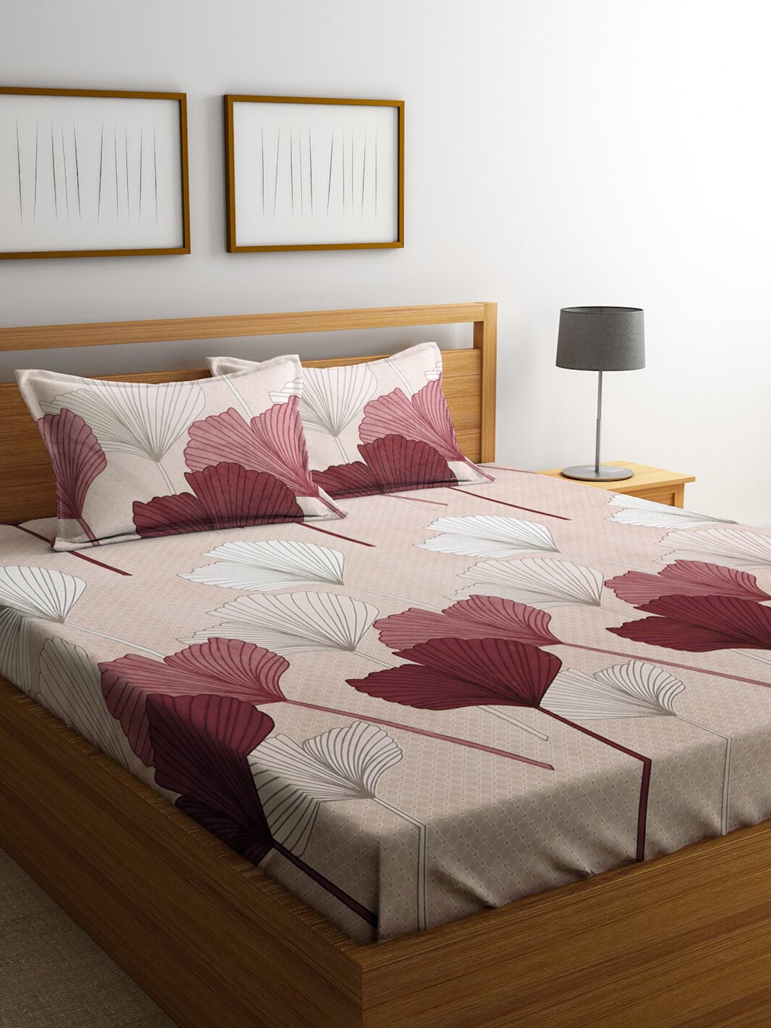 KLOTTHE Beige Floral 300 TC Cotton Blend Double Bedsheet Set
