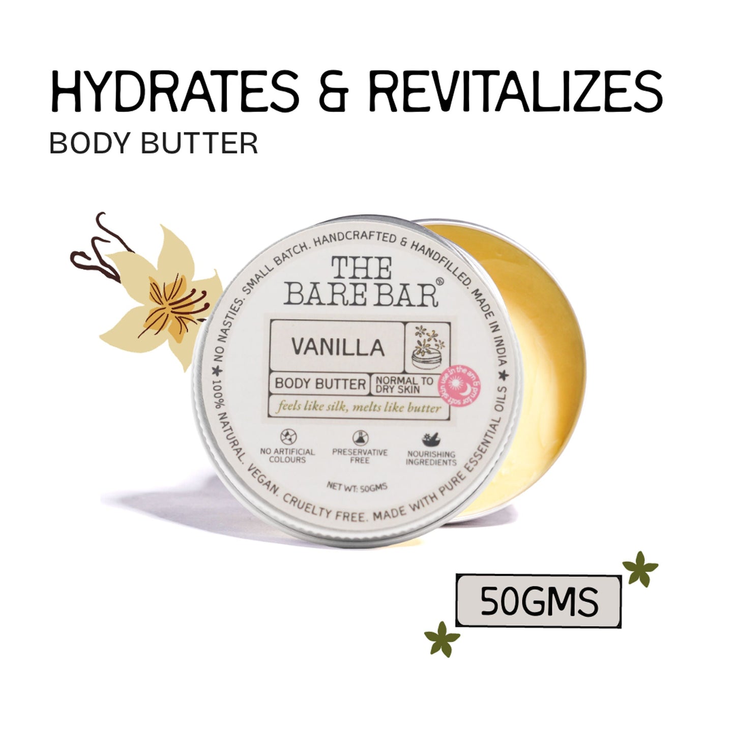 The Bare Bar Vanilla Body Butter - Deeply Moisturizing Vanilla Cream With Natural Butters