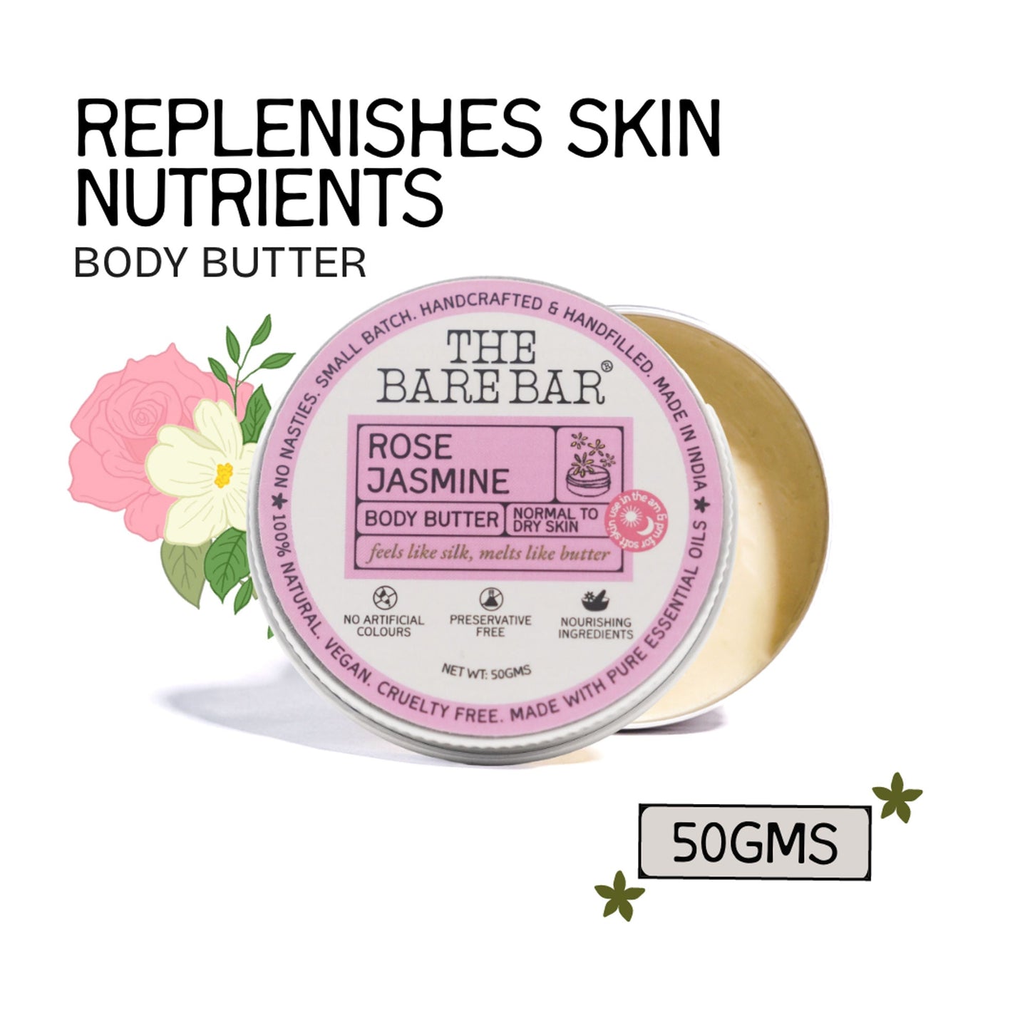 The Bare Bar Rose Jasmine Body Butter - Floral Butter Blend For Soft, Hydrated Skin