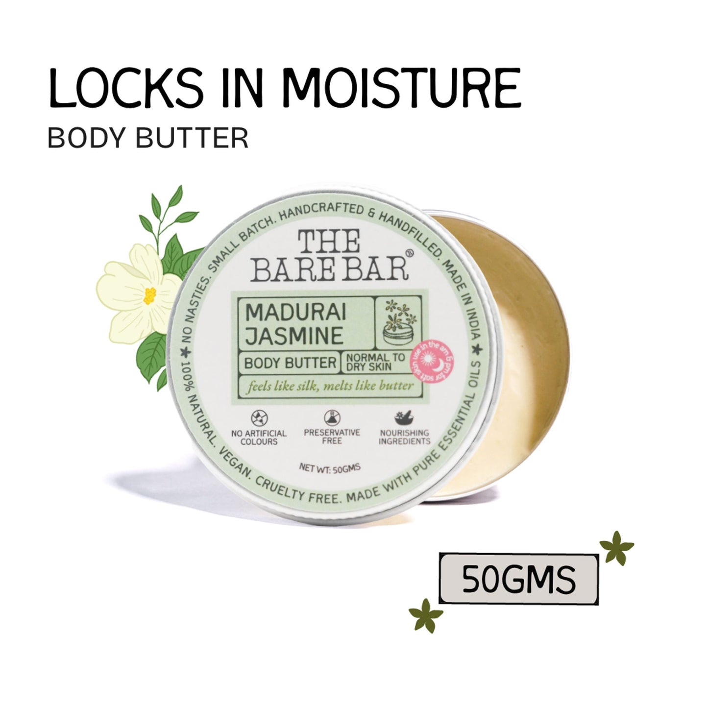 The Bare Bar Madurai Jasmine Body Butter - Floral Moisturizer For Smooth, Radiant Skin