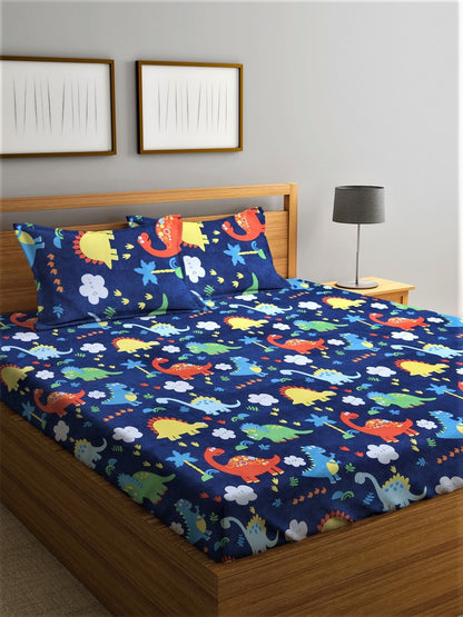 Home Sizzler Blue & Yellow Printed 210 TC Bedsheet with Pillow Covers