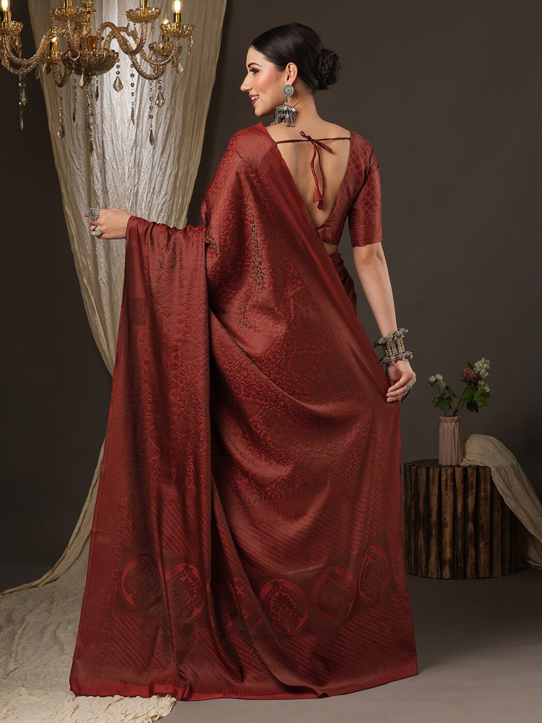 Saree Mall Maroon Woven Design Zari Silk Blend Banarasi Sarees