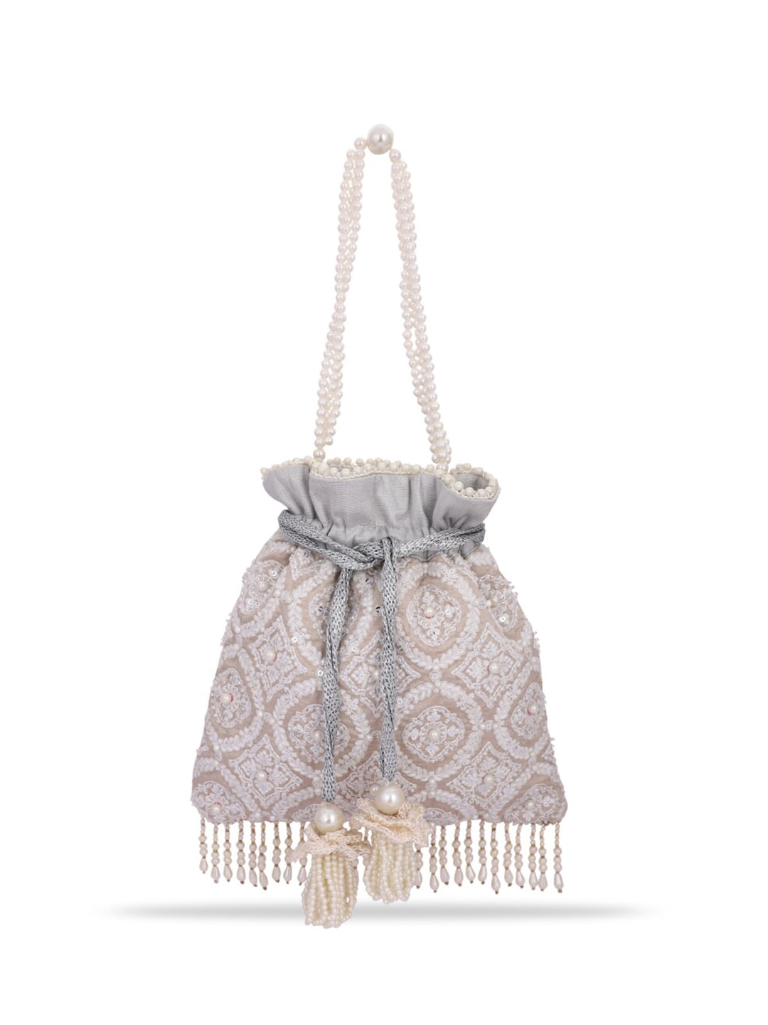 Masq Tan & White Embroidered Potli Clutch