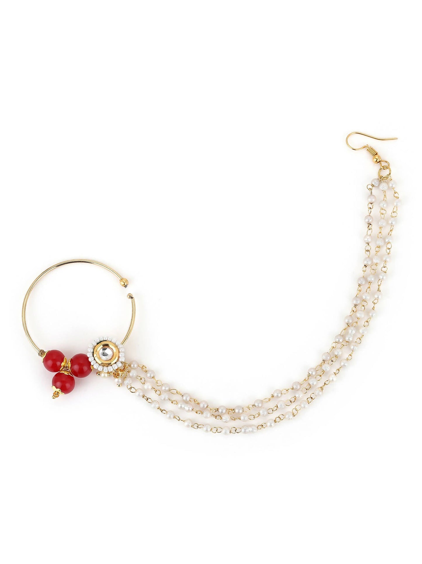 White Red Gold-Polished Kundan-Studded Beaded Nosepin - Ruby Raang