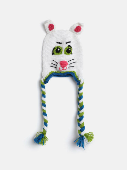 Chutput Kids Woollen Hand Knitted Cat Detail Cap - White