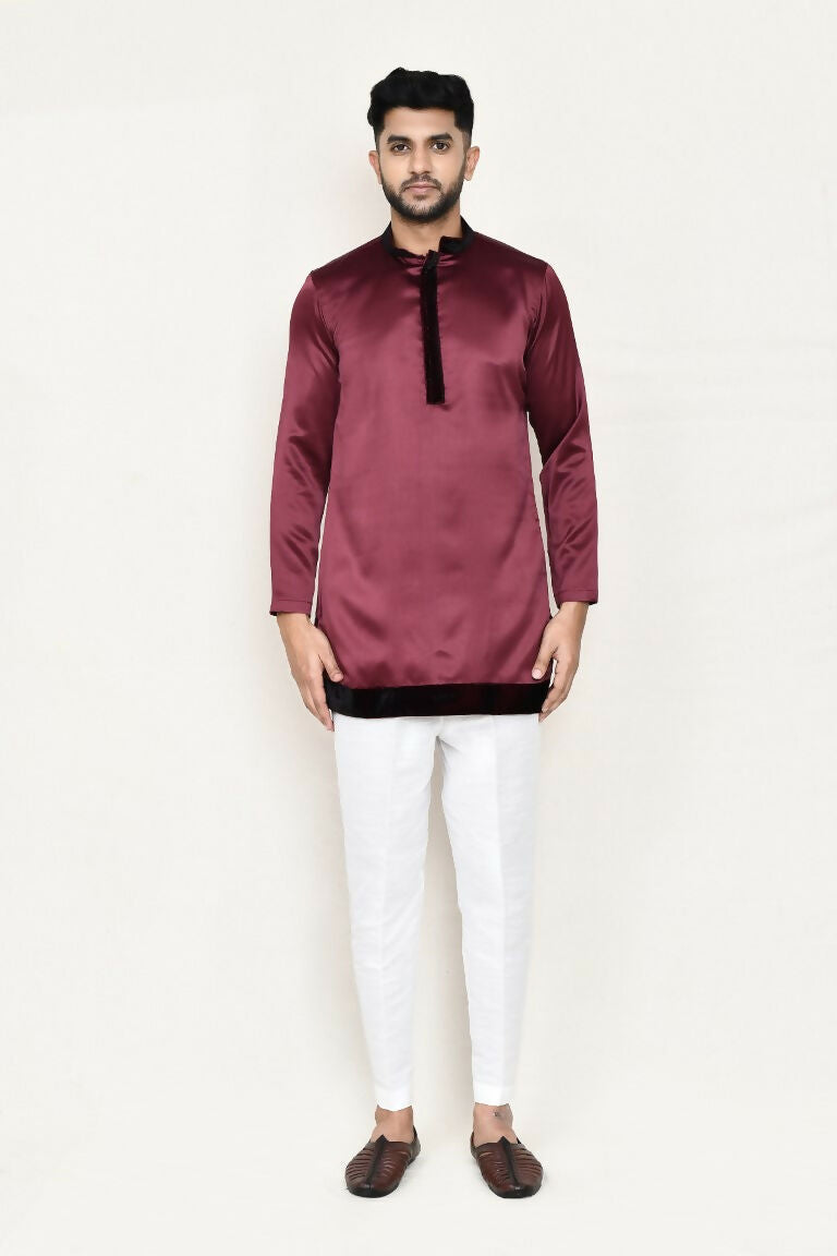 Joban Fashion Maroon Colored Satin Silk Fabric Open Prince Coat, Kurta With Straight Fit Pant