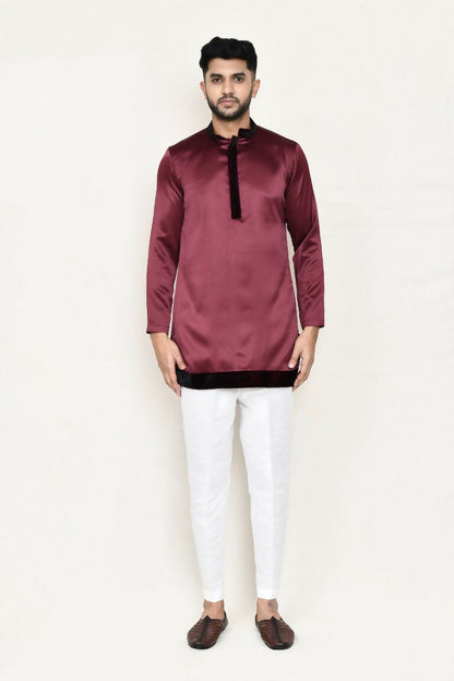 Joban Fashion Maroon Colored Satin Silk Fabric Open Prince Coat, Kurta With Straight Fit Pant