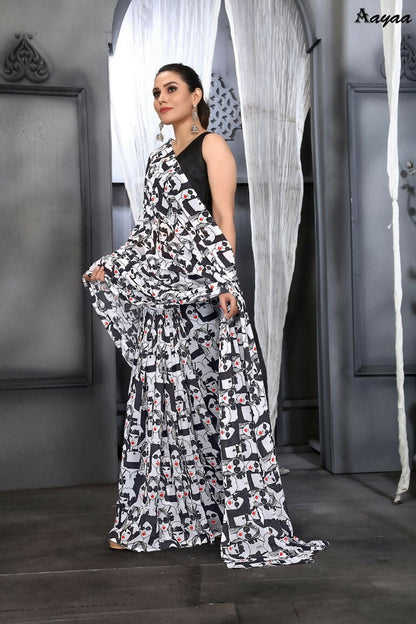 Aayaa Designer Printed Georgette Saree - Multi Color