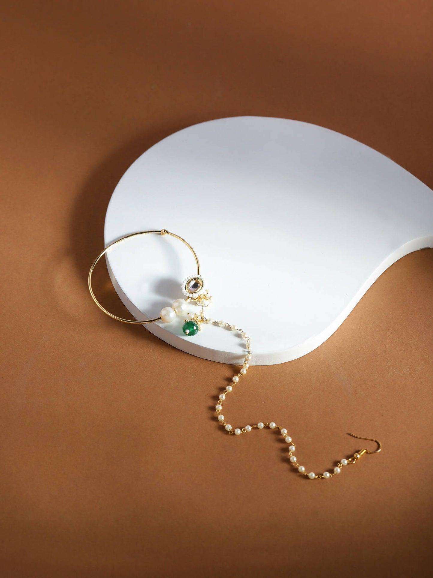 Gold-Polished White Green Kundan-Studded Pearl Beaded Nosepin - Ruby Raang