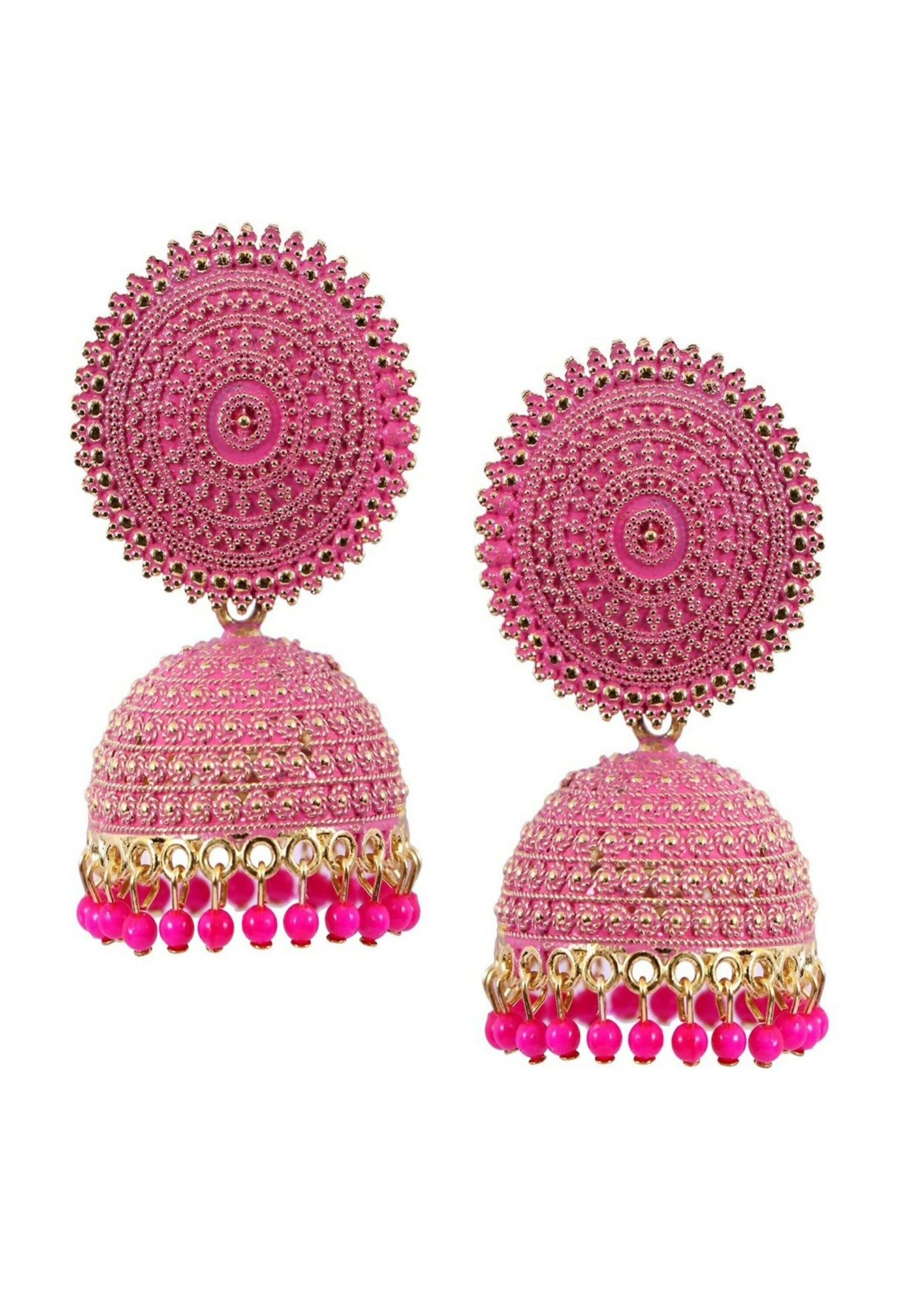 Mominos Fashion Joharkamal Gold-Polished Meenakari Jhumkas For Women & Girls (Magenta)