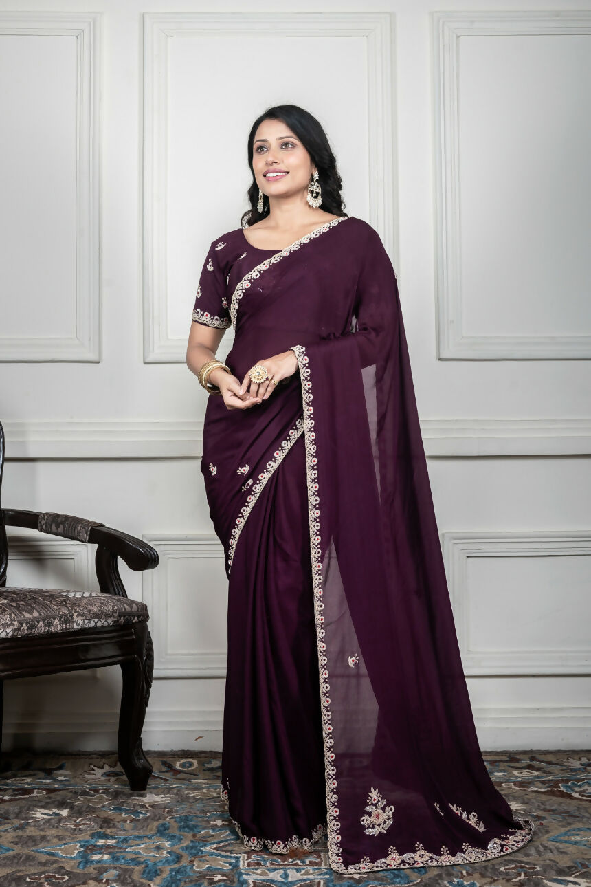 Morchari Wine Chiffon Hand Embroidery Saree And Stitched Blouse