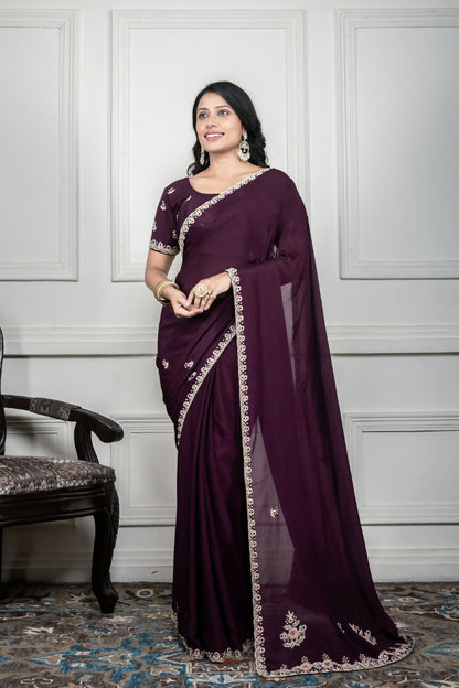 Morchari Wine Chiffon Hand Embroidery Saree And Stitched Blouse