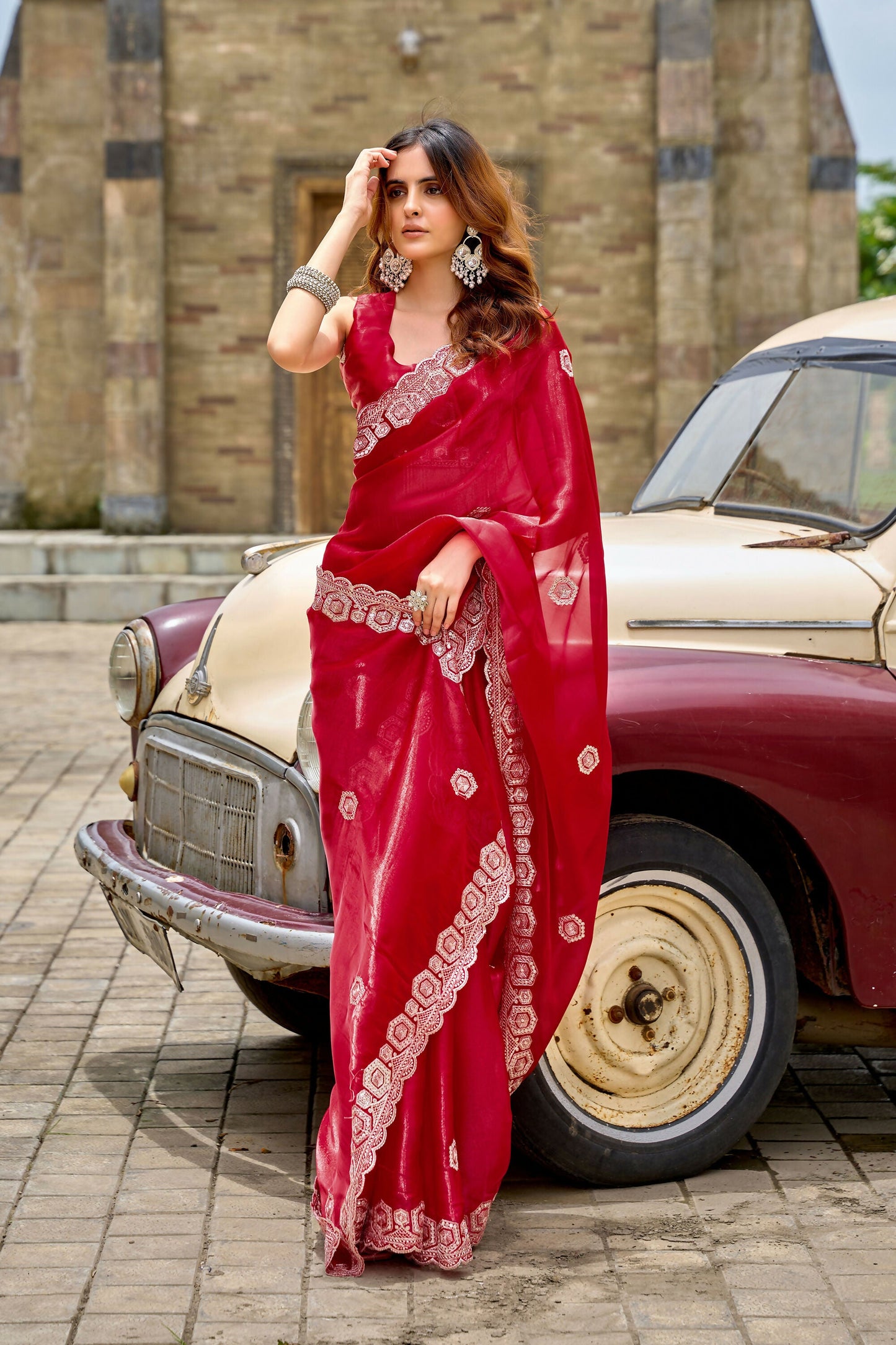 Vastranavya Red Embroidery Work Shimmer Chiffon Saree with Unstitched Blouse