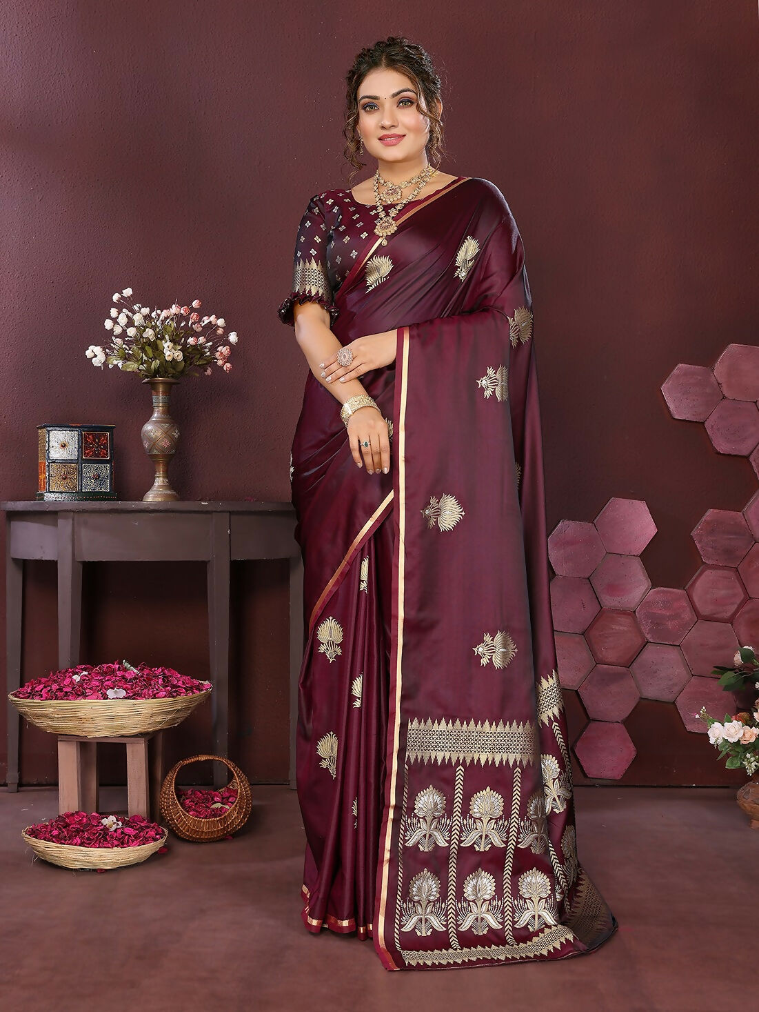 Joban Fashion Wine Floral Motifs Banarasi Silk Sarees