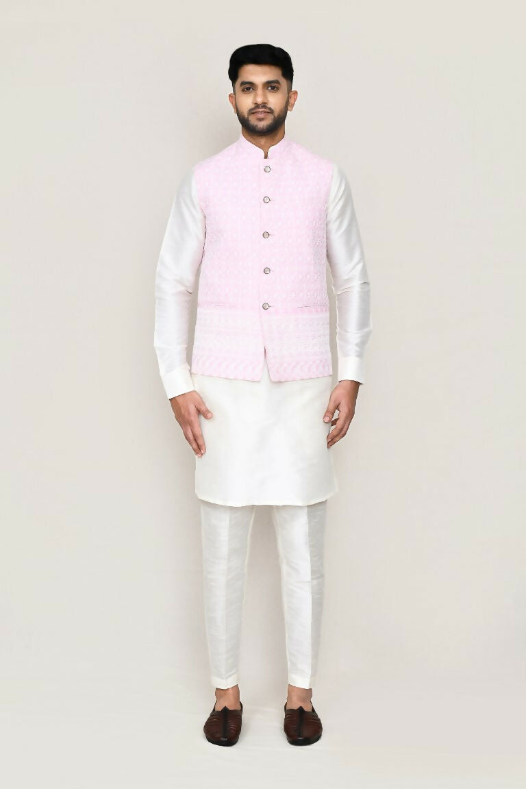Joban Fashion White Colored Art Silk Fabric Kurta, Jacket With Straight Fit Pant