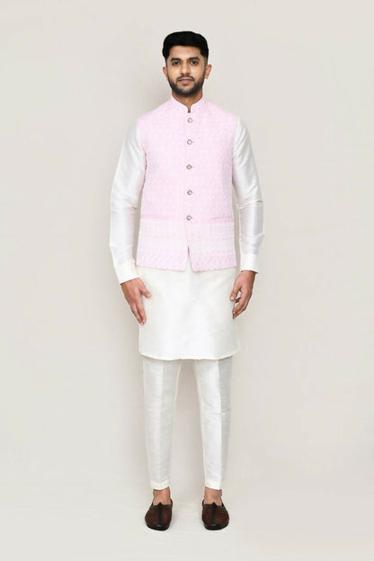 Joban Fashion White Colored Art Silk Fabric Kurta, Jacket With Straight Fit Pant