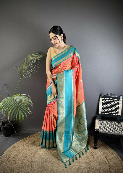 Joban Fashion Peach Banarasi Soft Silk Woven Saree
