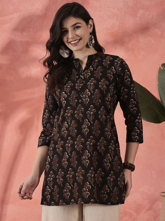 Sangria Women Printed Pure Cotton Mandarin Collar Top