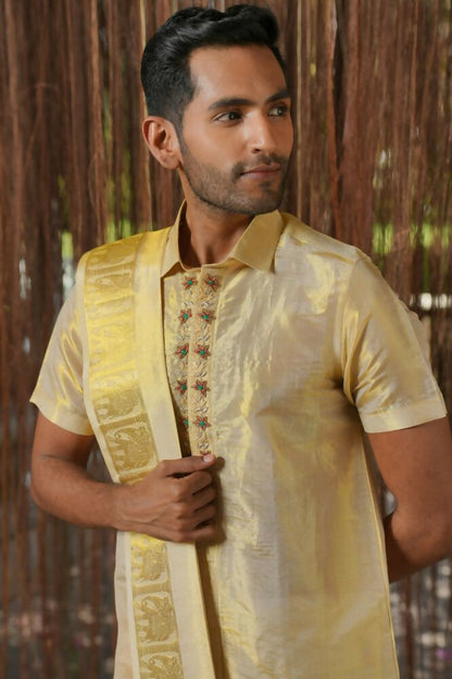Gold Tissu Kanjivaram Machien Embroidered Pattu Set by Hilo Design
