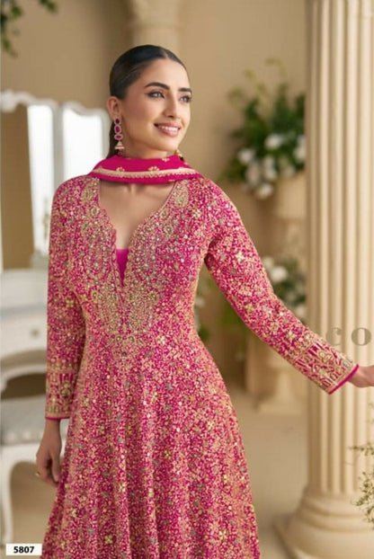 Anaita Rani Pink Real Georgette Readymade Anarkali Gown with Embroidery & Sequence Work