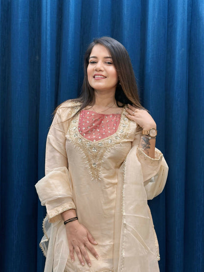 Anaita Cream Roman Shimmer Readymade Kurti Set with Handwork & Moti Work