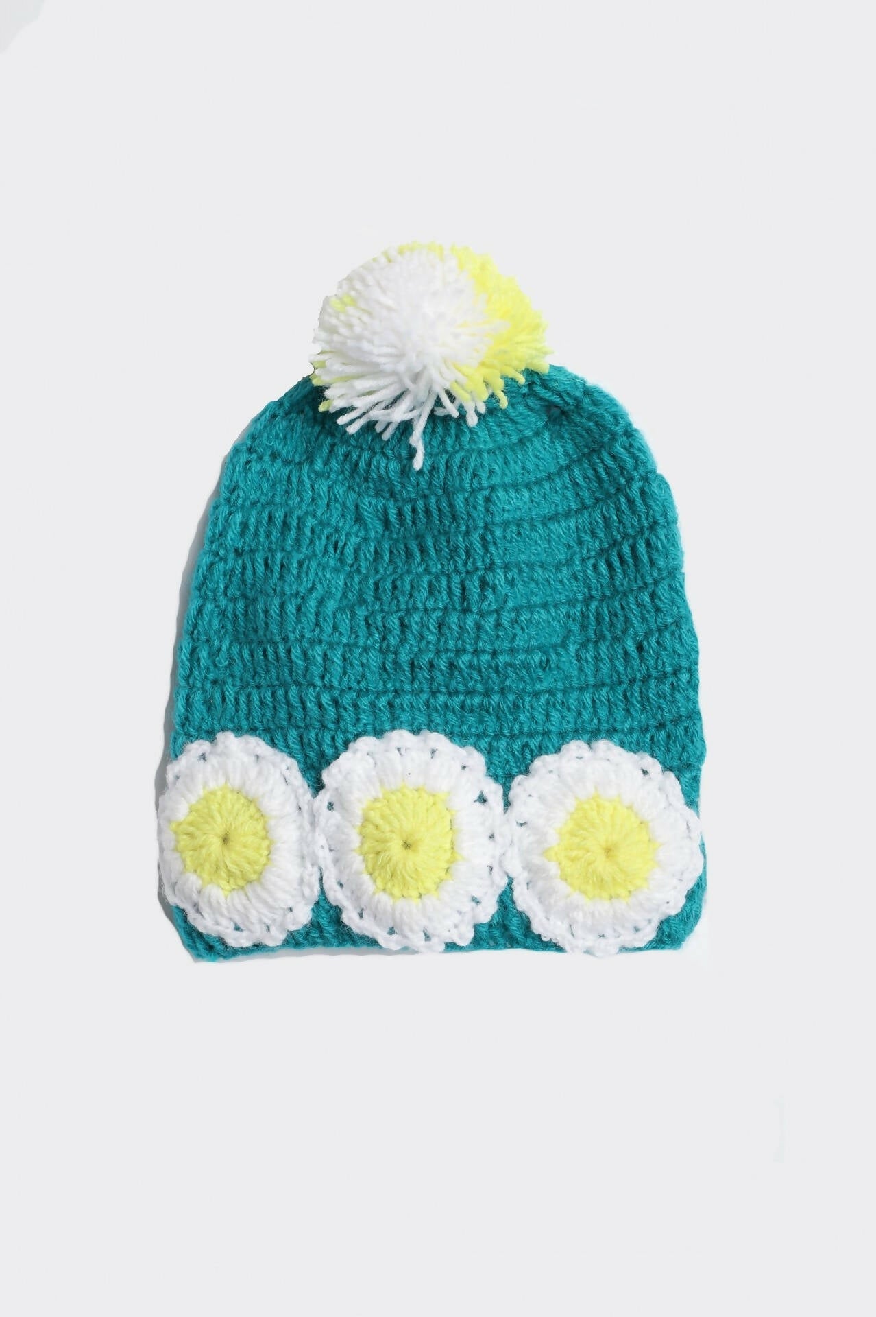 Chutput Kids Woollen Hand Knitted Flower And Pom Pom Detail Cap - Sea Green