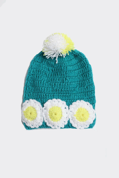 Chutput Kids Woollen Hand Knitted Flower And Pom Pom Detail Cap - Sea Green