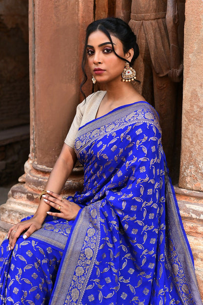 Joban Fashion Violet Crepe Chiffon Pure Handloom Banarasi Silk Saree