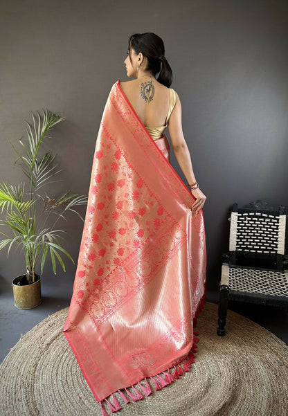 Joban Fashion Onion Pink Flower Jall Pattern Soft Silk Banarasi Saree