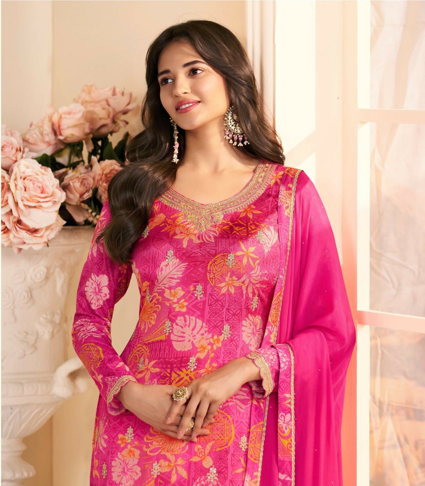 Anaita Magenta Chinon Stitched Suit with Multi Digital Print