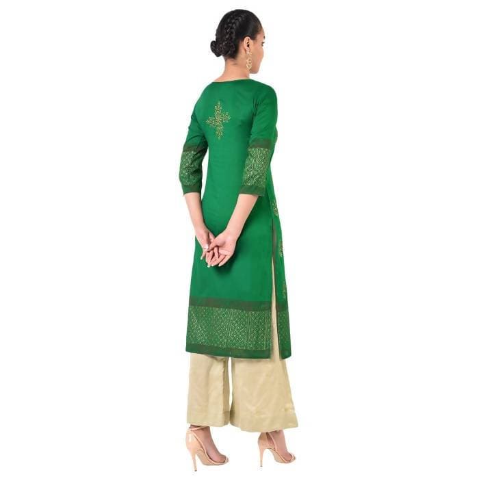 Aniyah Cotton Gold Print Straight Kurta In Green Color (AN-169K)