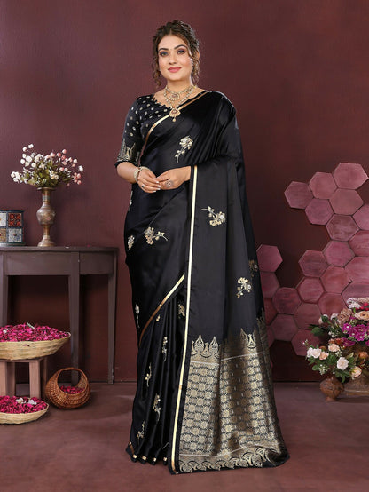 Joban Fashion Black Floral Banarasi Silk Sarees