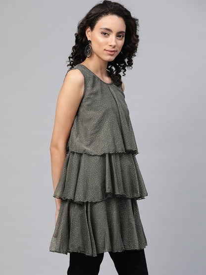 Ahalyaa Women Grey Chiffon Silver Glitter Printed Tiered Tunic
