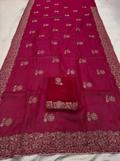 Teeya Creation New Trendy Party Wear Soft Satin Chiffon Saree-Pink
