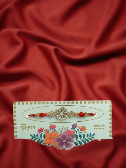 NVR Men Gold-Toned Stone-Studded Rakhi With Roli Chawal