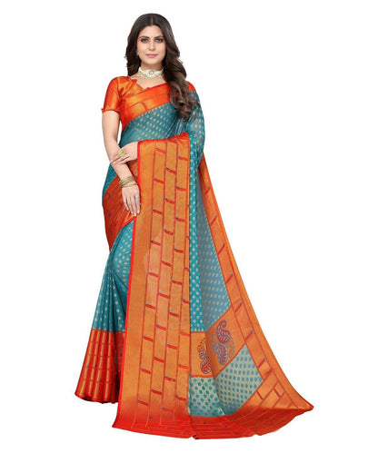 Vamika Sky Blue Chiffon Brasso Bollywood Style Woven Saree (DIMPLE SKY BLUE)