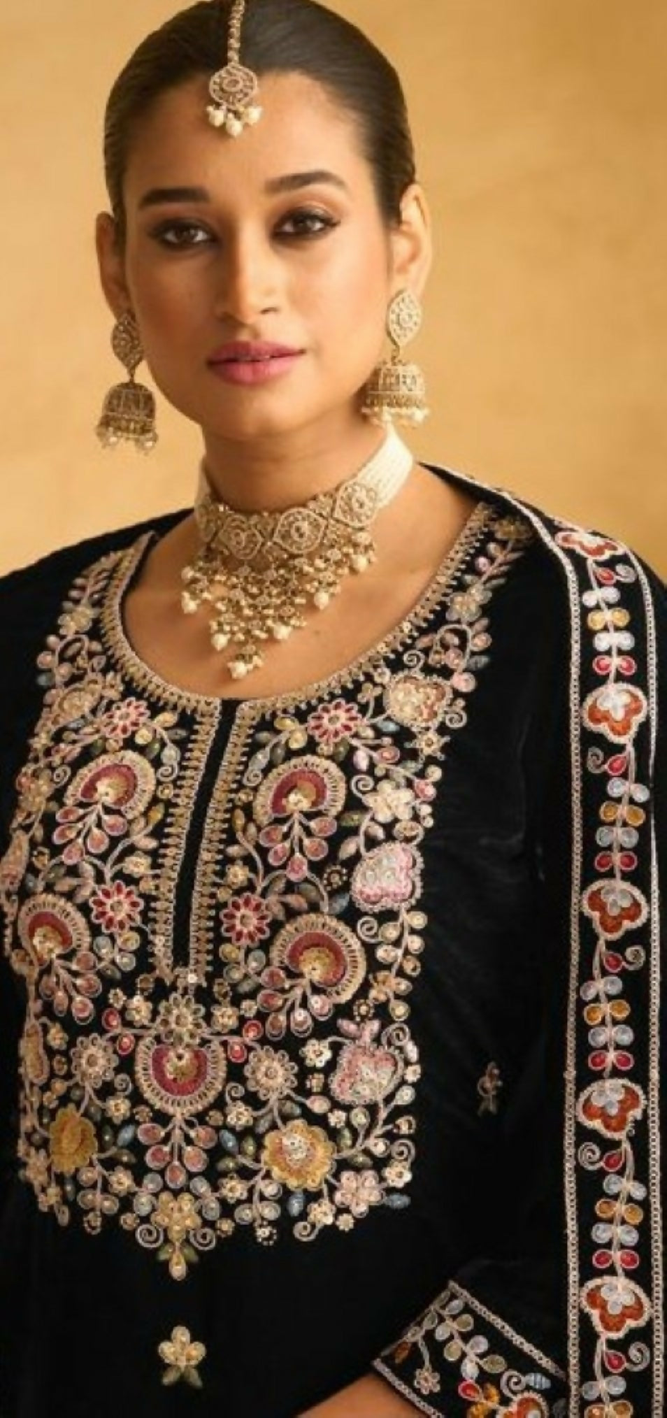 Anaita Black Embroidered with Beads Velvet Stitched Plazo Suit
