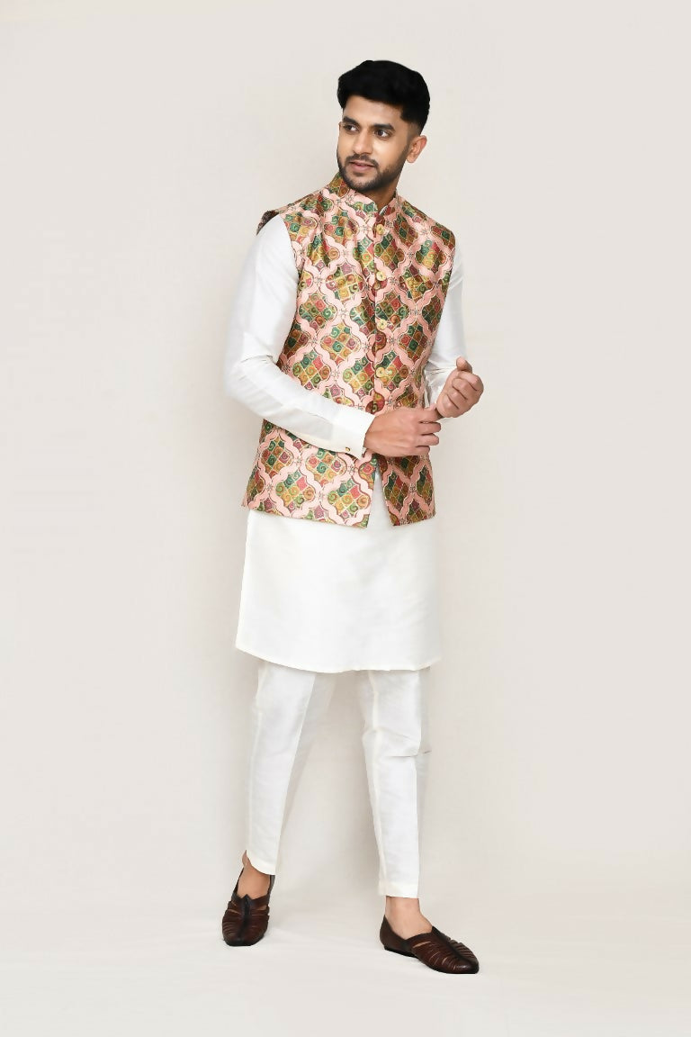 Joban Fashion White Colored Art Silk Fabric Kurta, Jacket With Straight Fit Pant